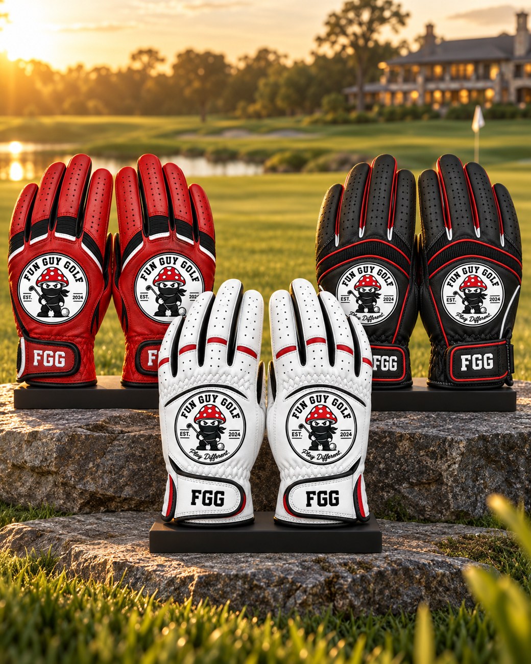Fun Guy Golf gloves in red, black, and white