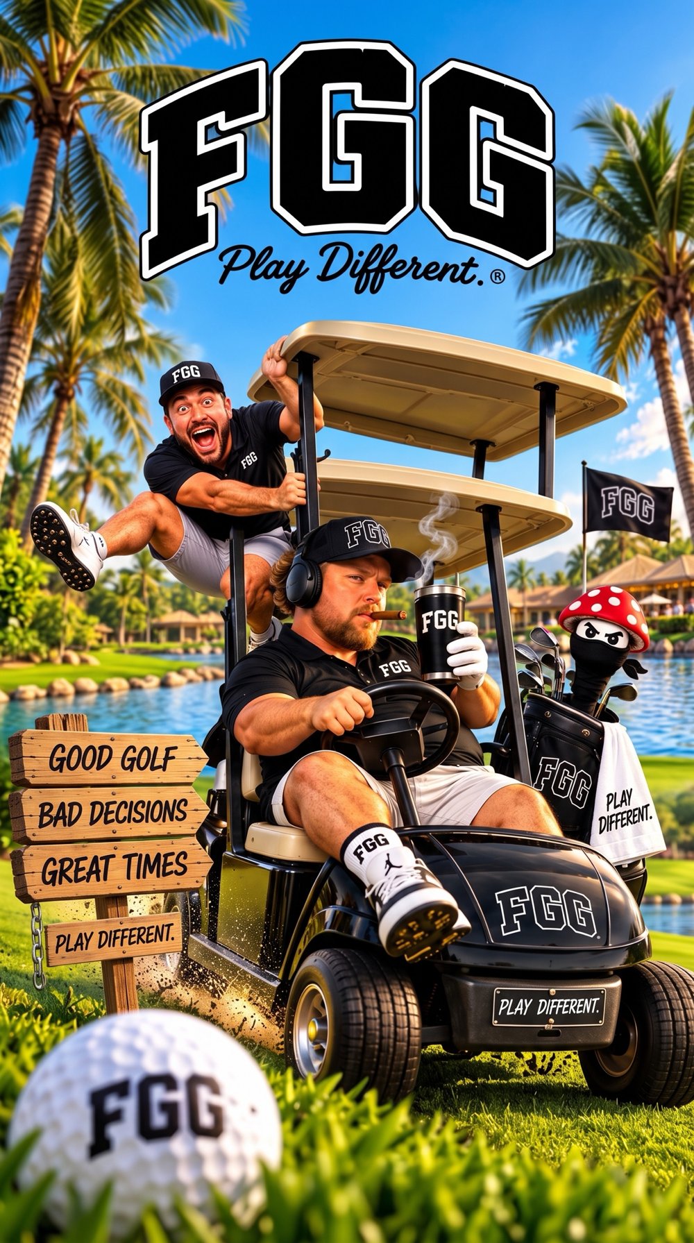 Fun Guy Golf squad poster on a golf cart with FGG branding