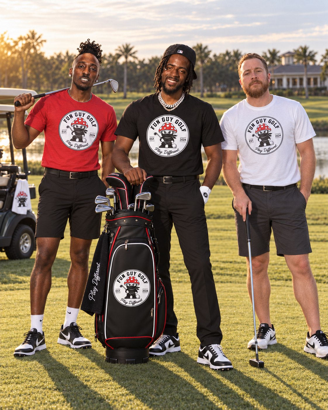 Three models wearing Fun Guy Golf shirts on the course