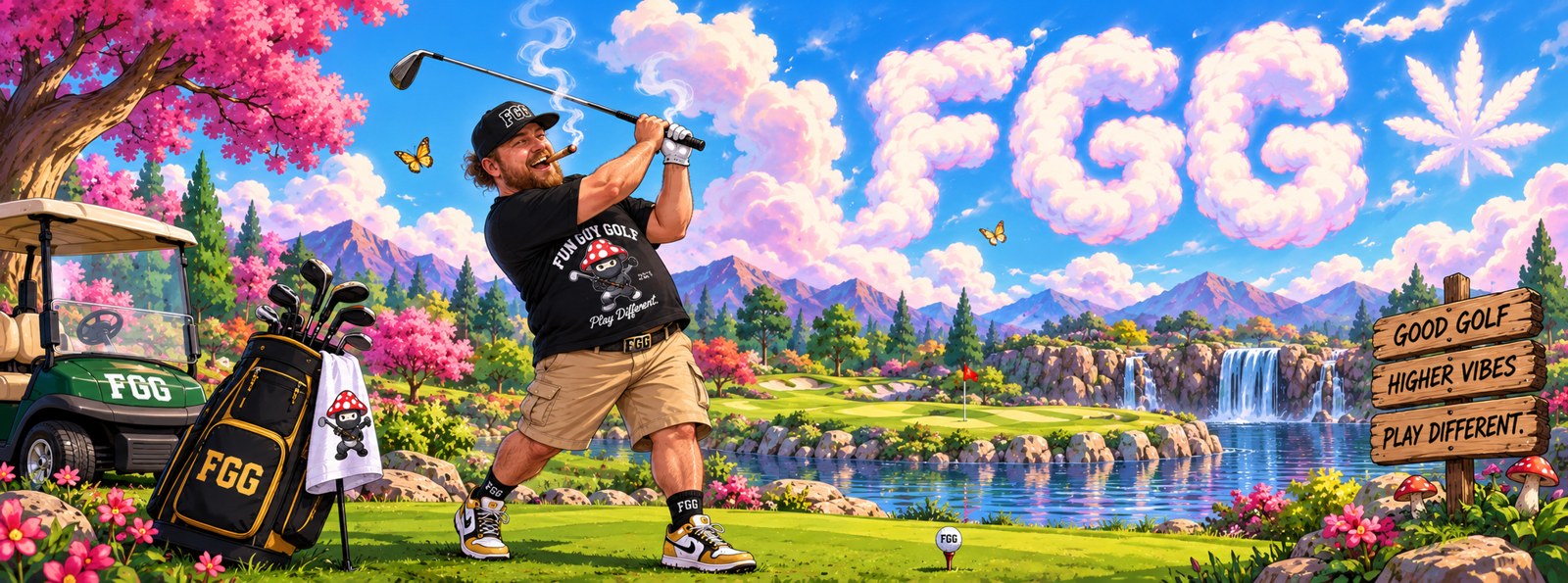 Illustrated Fun Guy Golf scene with golfer, FGG cloud lettering, and course signage